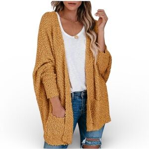 Tecrew Chic Mustard Textured Open Cardigan with Pockets